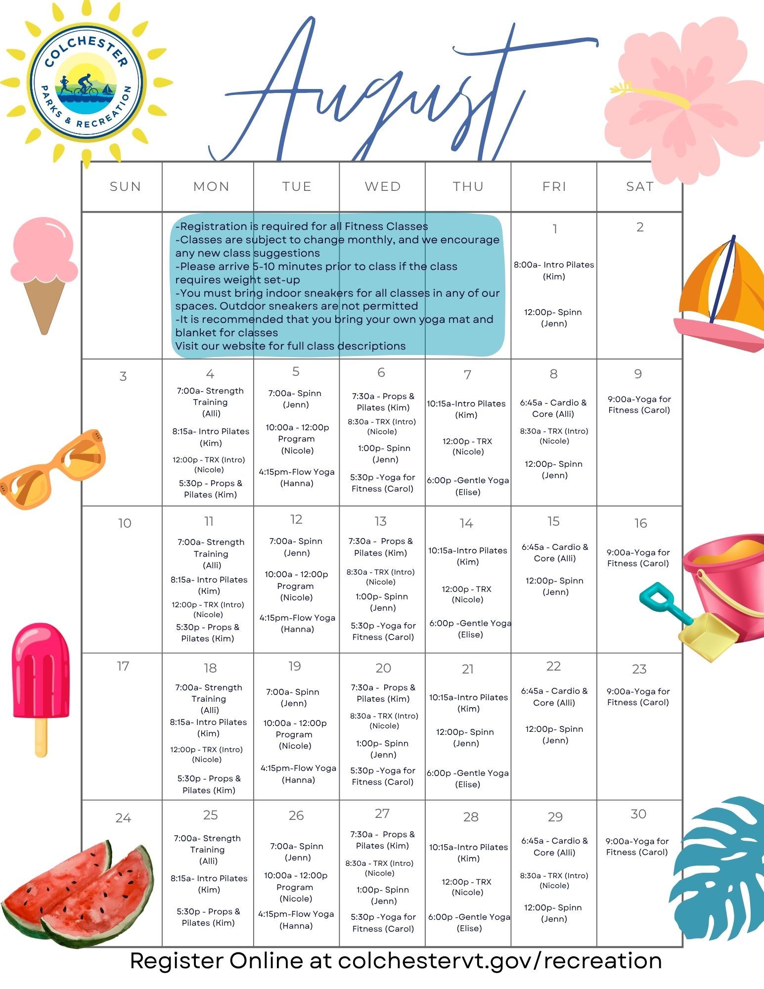 Fitness Class Schedule August 2025