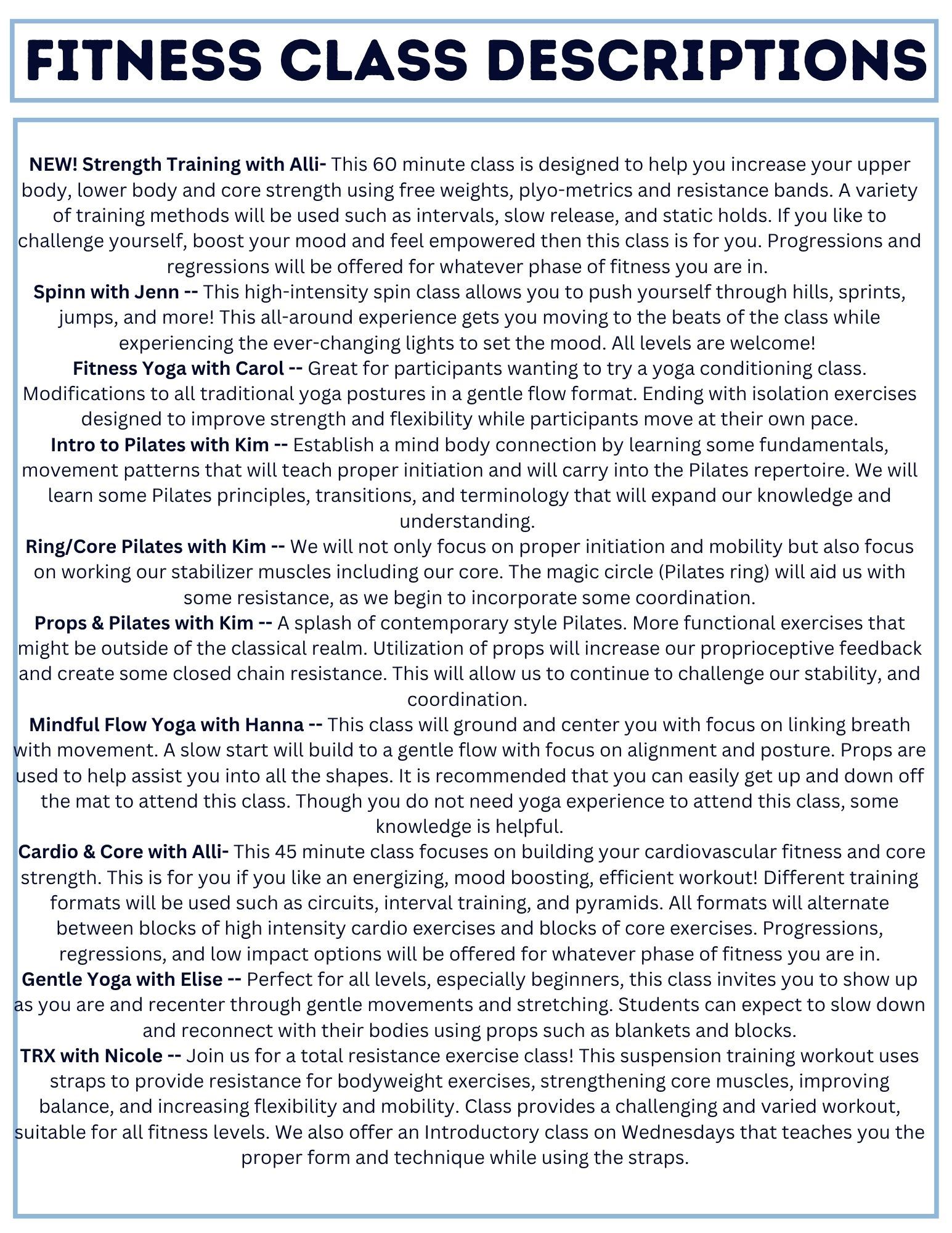 Fitness Class Descriptions August 2025